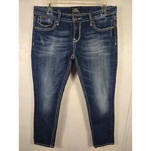 ReRock for Express Capri Jeans Women's Dark Wash Stretch Y2K Embroidered Pockets